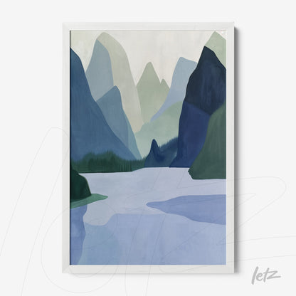 framed abstract art of a mountainous landscape in white frame