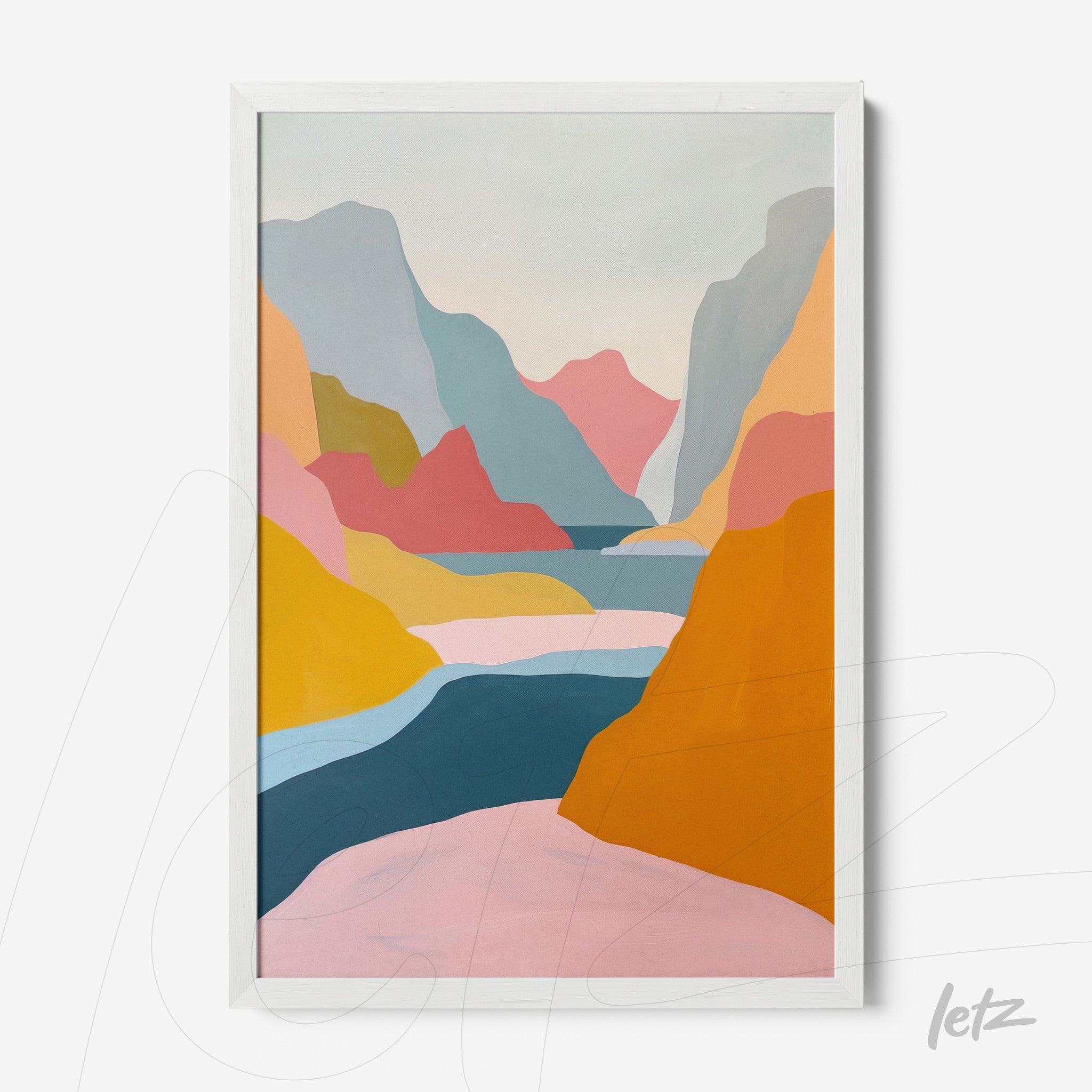 framed artwork with abstract pastel colors depicting a mountainous landscape