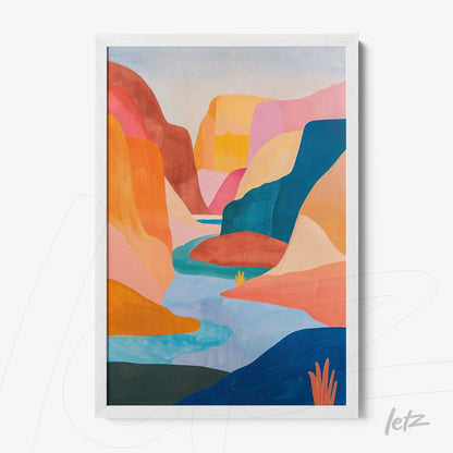 framed art depicting a pastel landscape of canyons and a winding river with a white frame
