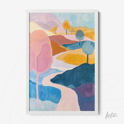 framed abstract wall art featuring a colorful landscape with pink, blue and yellow tones