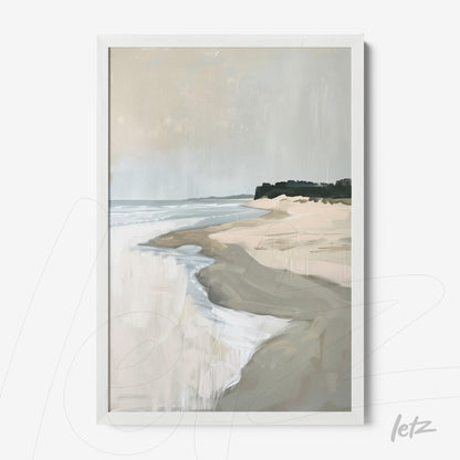framed wall art depicting a soft-toned beach landscape with white frame and light gray background