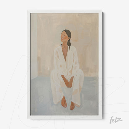 framed contemporary artwork of a seated woman against a neutral background with white frame