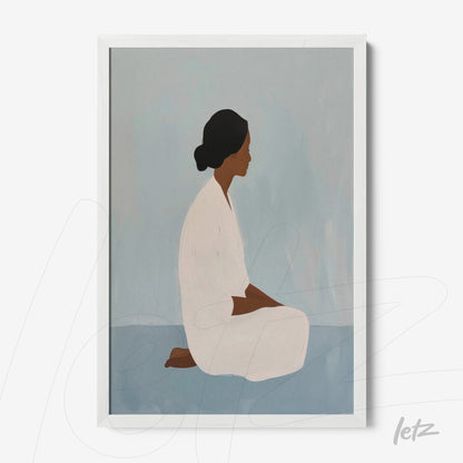 minimalist framed art featuring a seated female figure against a soft blue background with white frame