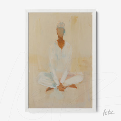 framed abstract art featuring a seated meditative figure in soft colors with white frame