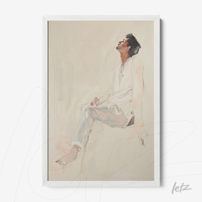 artistic portrait of a sitting man in a contemplative pose with white frame