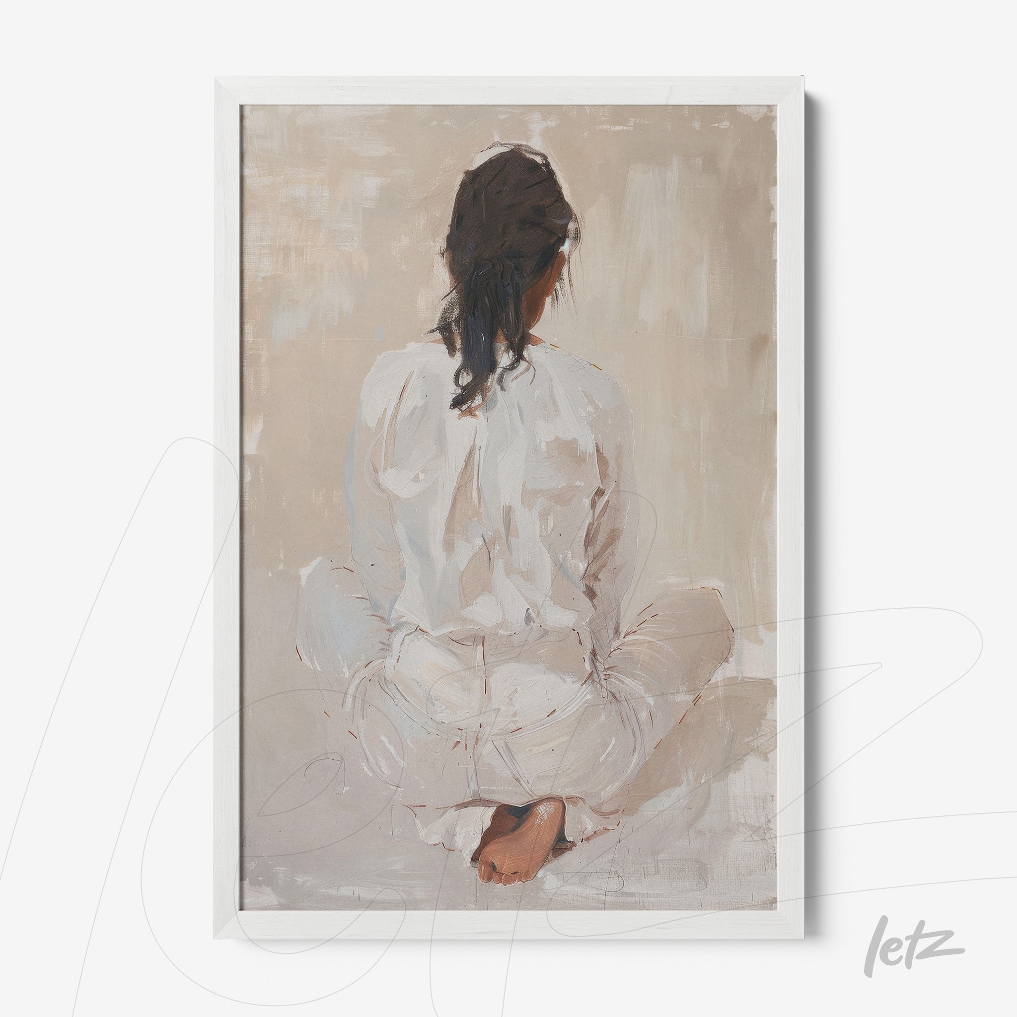 framed minimalist art of a woman sitting with her back turned, dressed in white clothing