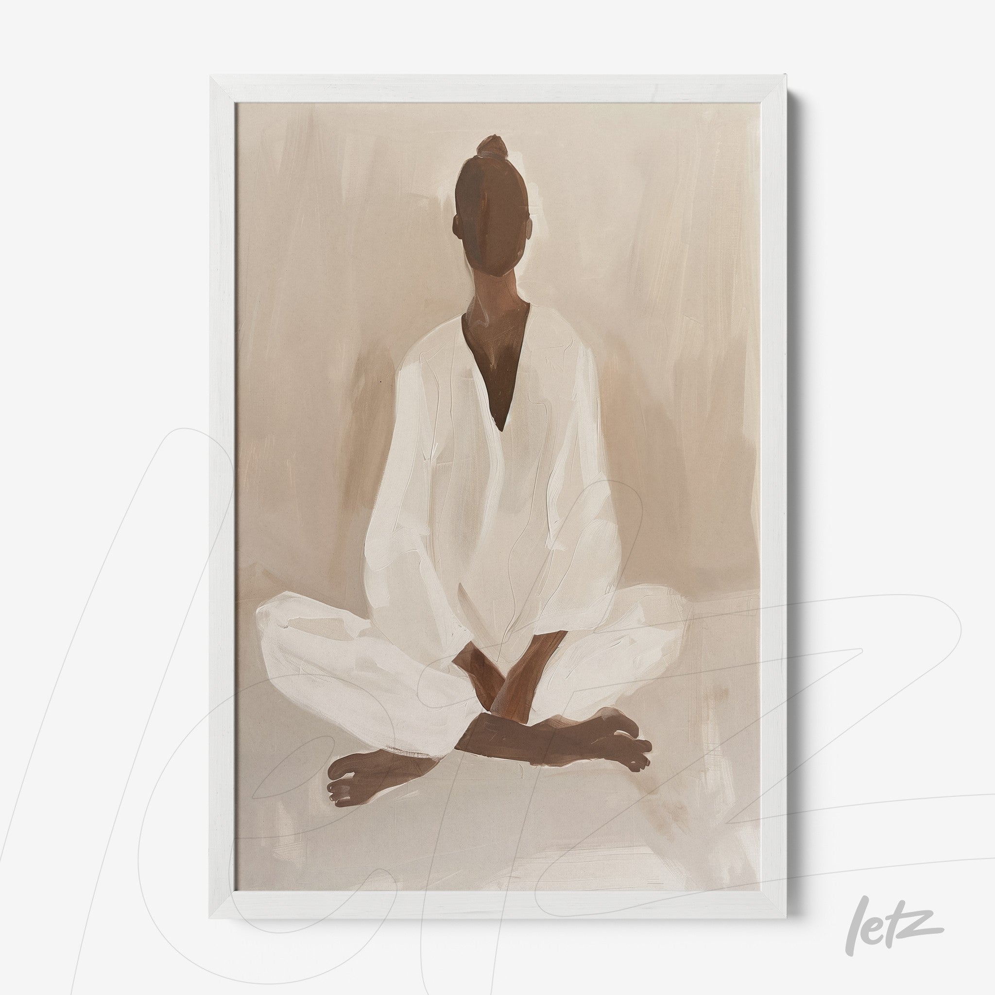 modern framed art of a seated human figure in a meditation pose with a white frame