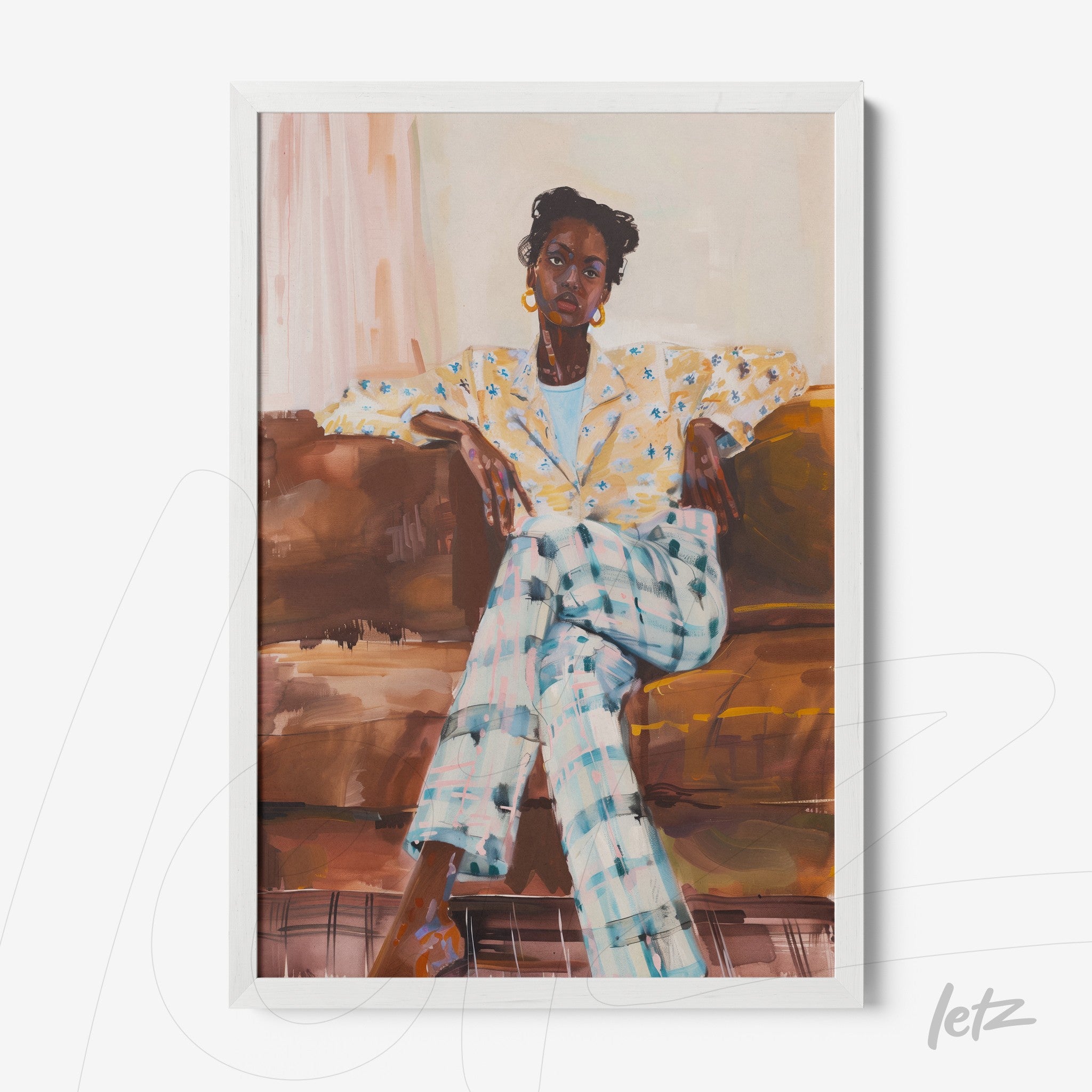 framed artwork featuring a portrait of a black woman sitting on a couch, wearing a patterned yellow jacket and plaid pants