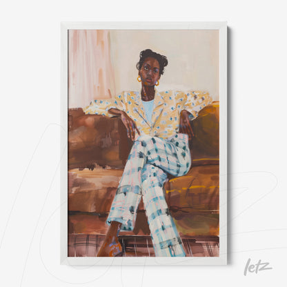 framed artwork featuring a portrait of a black woman sitting on a couch, wearing a patterned yellow jacket and plaid pants
