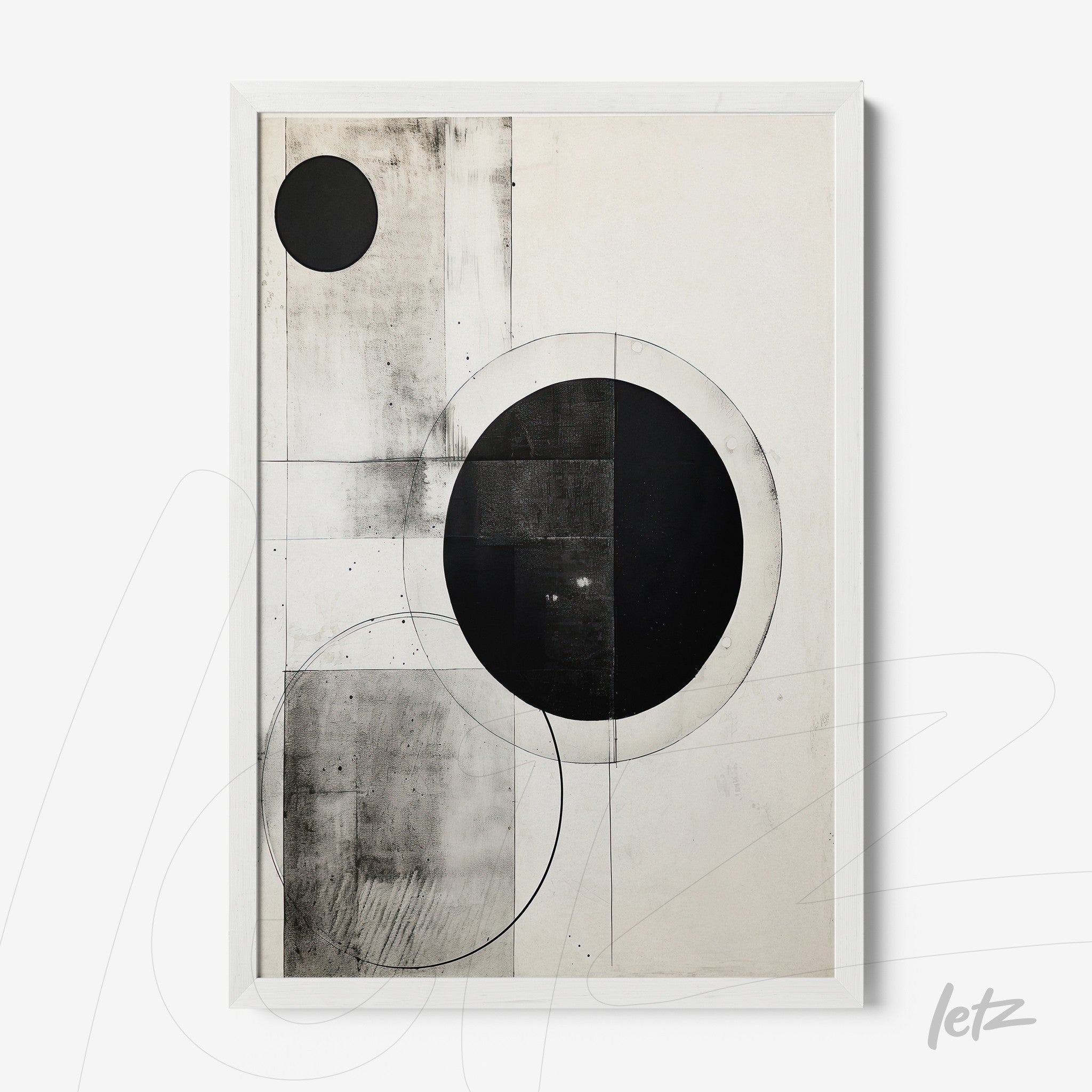 abstract wall art in black and white featuring circles on a light background with white frame