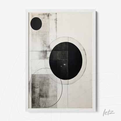abstract wall art in black and white featuring circles on a light background with white frame