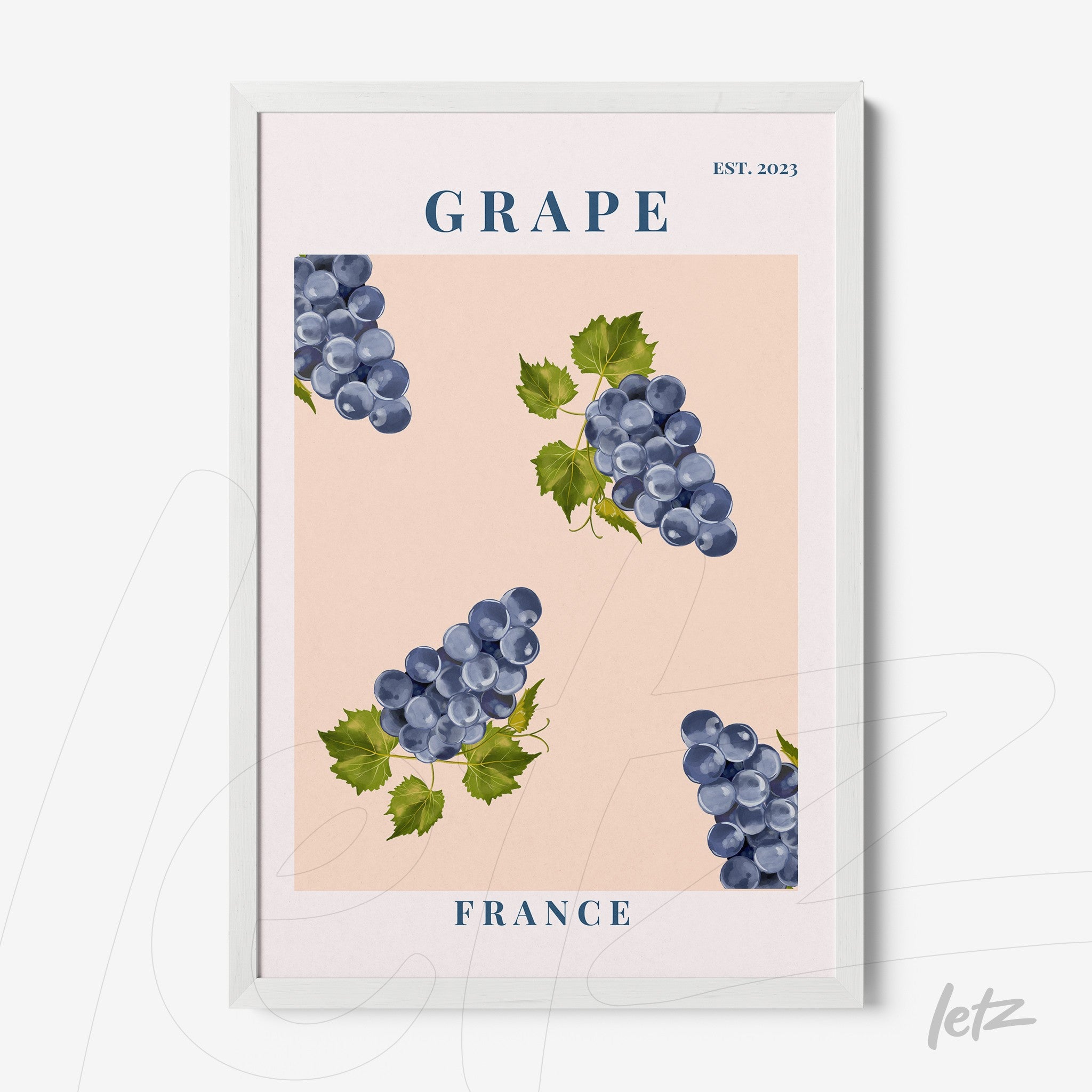 framed artwork featuring purple grapes on a pink background with white frame