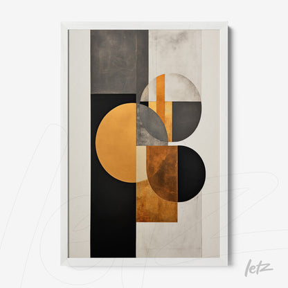 abstract wall art featuring black, gold, and gray tones with geometric circular and rectangular shapes in a white frame