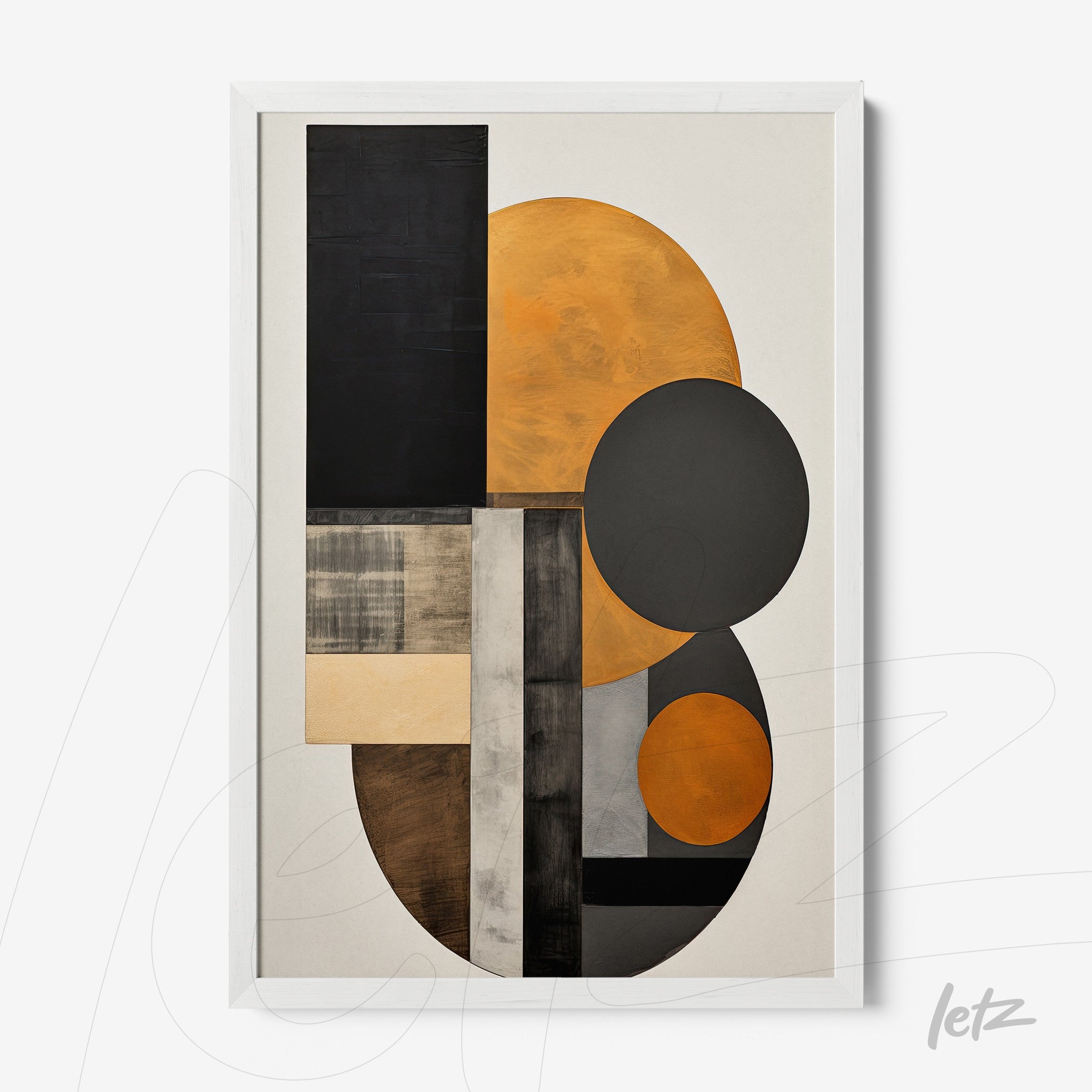 modern art print featuring geometric shapes in black, orange, and gray within a white frame
