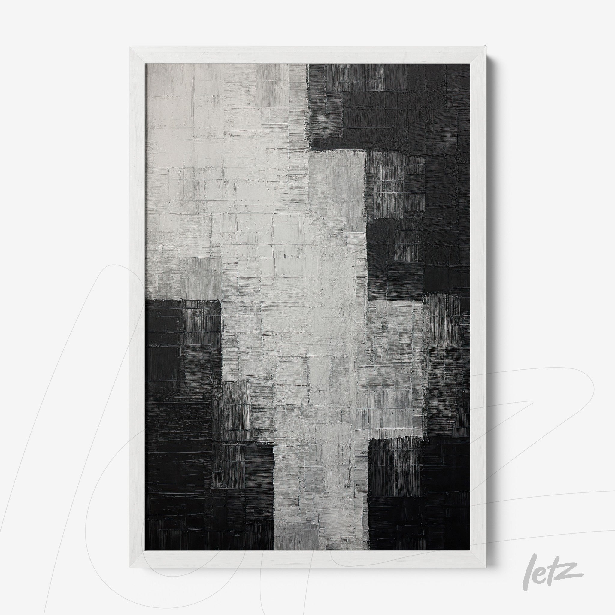 abstract black and white wall art with textured brushstrokes in white frame