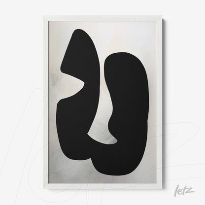 abstract art piece featuring black shapes on a light background in white frame