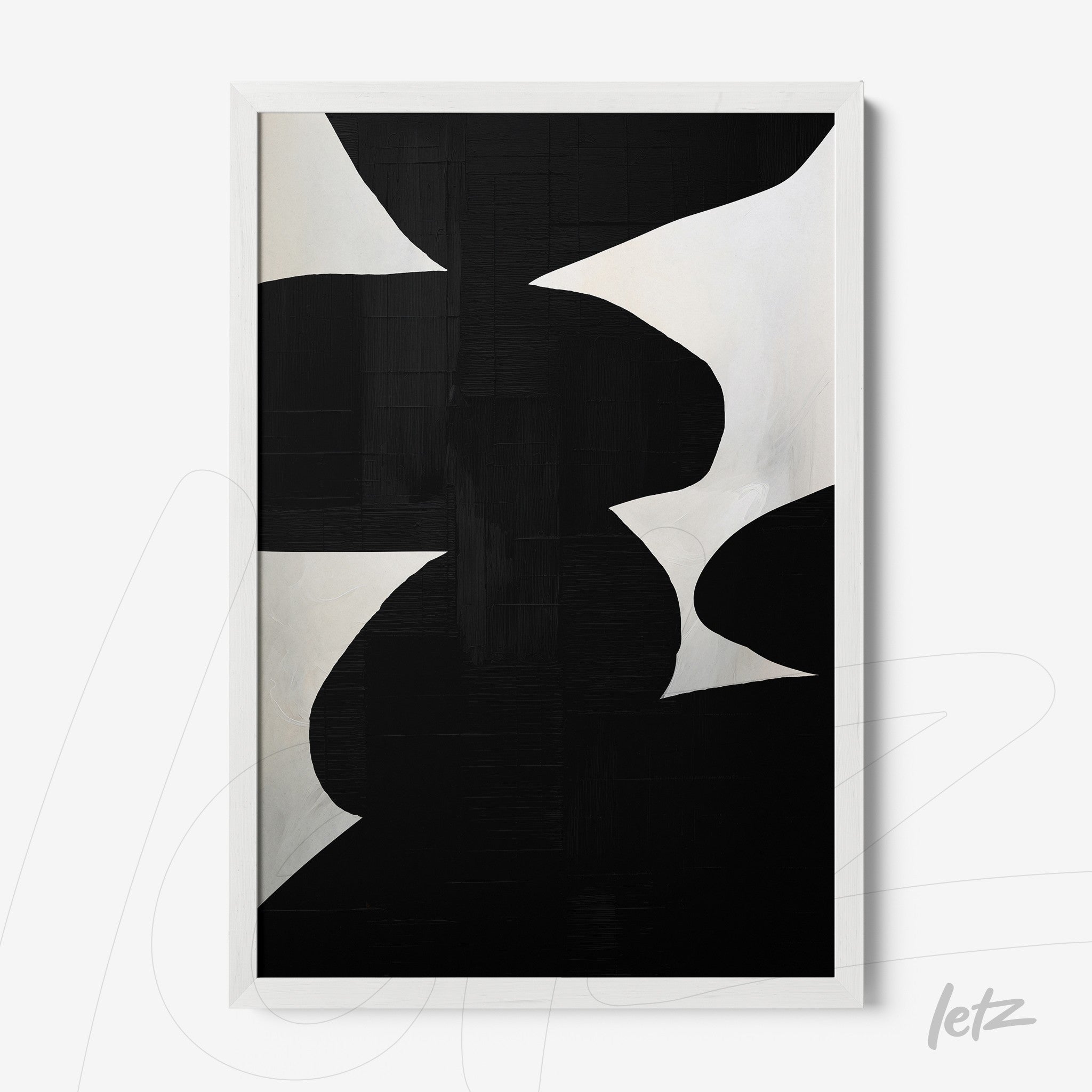 abstract wall art in black and white featuring organic shapes in a white frame