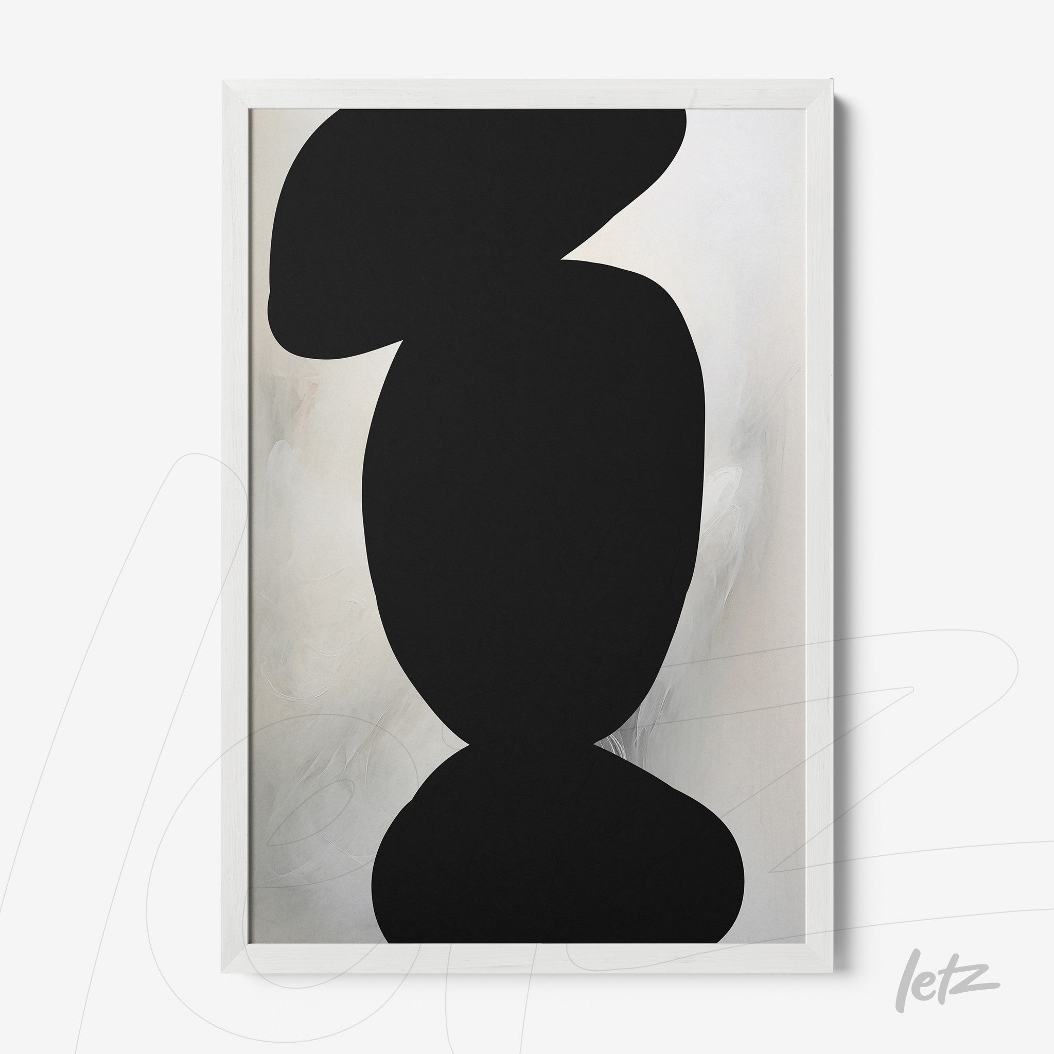 abstract wall art in black and white displayed in a white frame