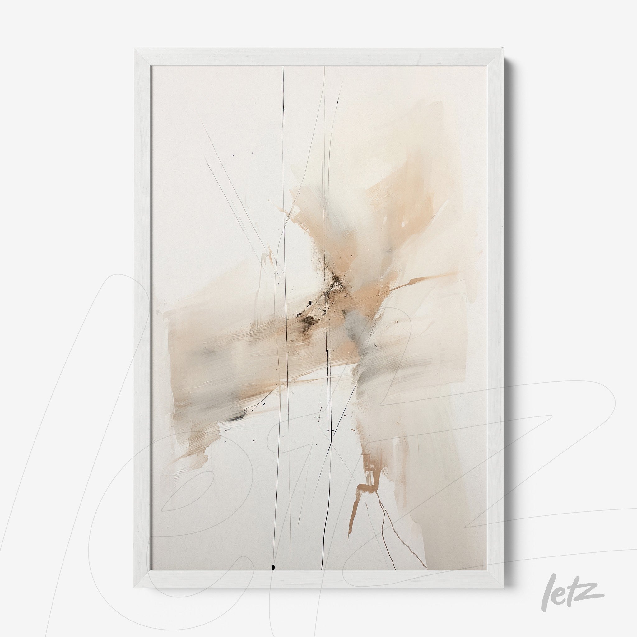 framed wall art featuring abstract design in neutral tones with white frame and soft brush strokes on light background