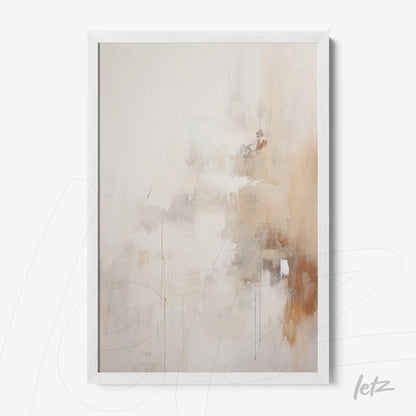 abstract wall art in soft shades of beige and cream with brown accents, framed in white
