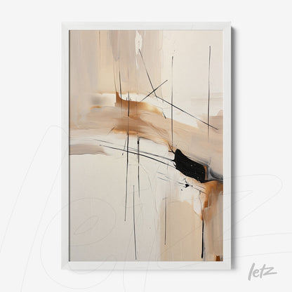 abstract wall art in neutral tones with black lines framed in white