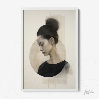 framed art of an abstract portrait of a woman with her hair in a bun on a neutral background