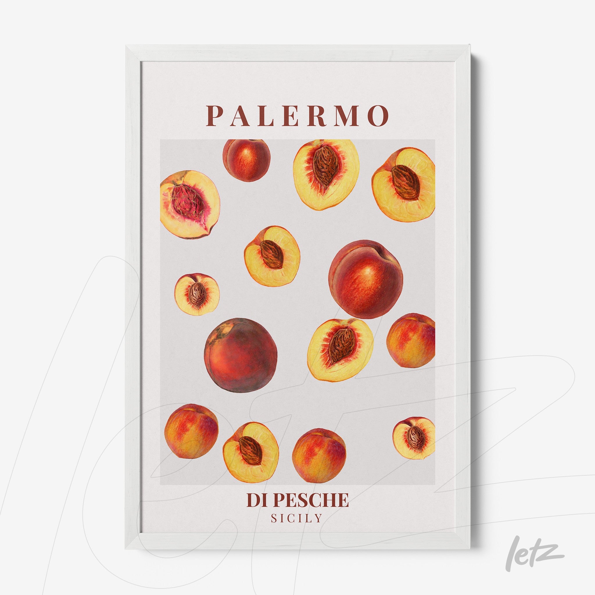 framed wall art featuring illustrations of peaches on gray background with white frame
