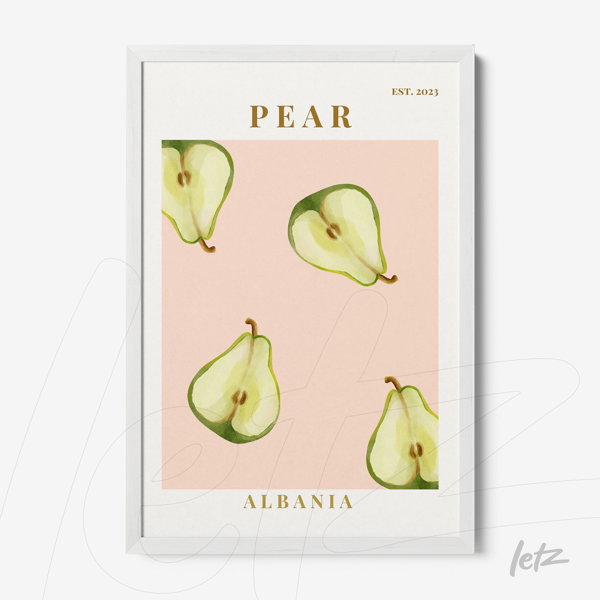 framed art featuring green pear illustrations on a light pink background with a white frame