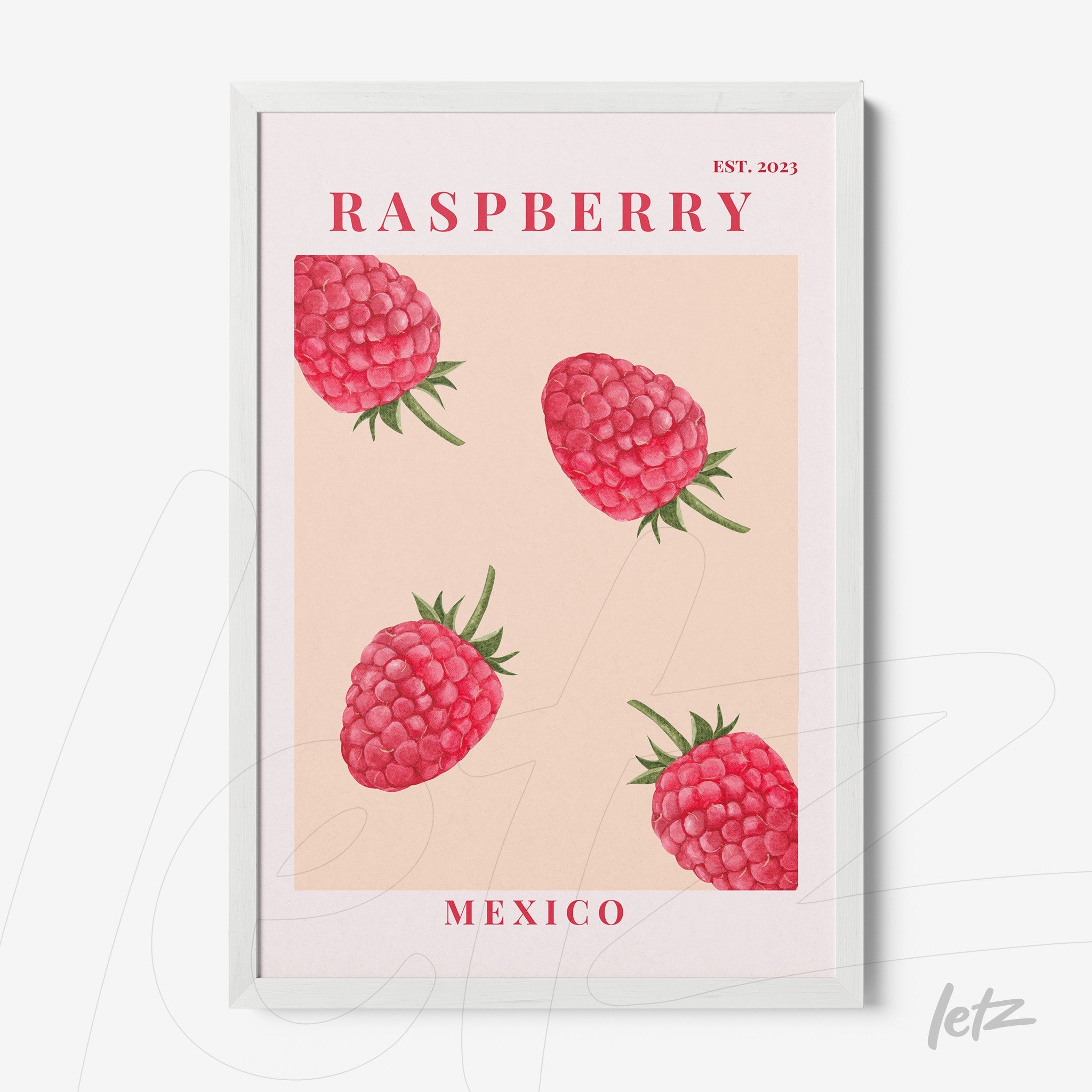framed art featuring raspberries on a pink background with white frame