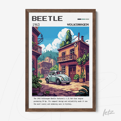 retro style framed art of 1963 Volkswagen Beetle with dark wood frame