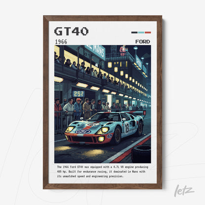 pixel art of a 1966 ford gt40 racing car in a nighttime racing scene with spectators and track lighting, framed in light wood