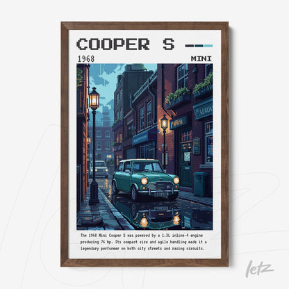 framed illustration of a Mini Cooper S parked on cobblestone street at night with wooden frame and street lamp lighting