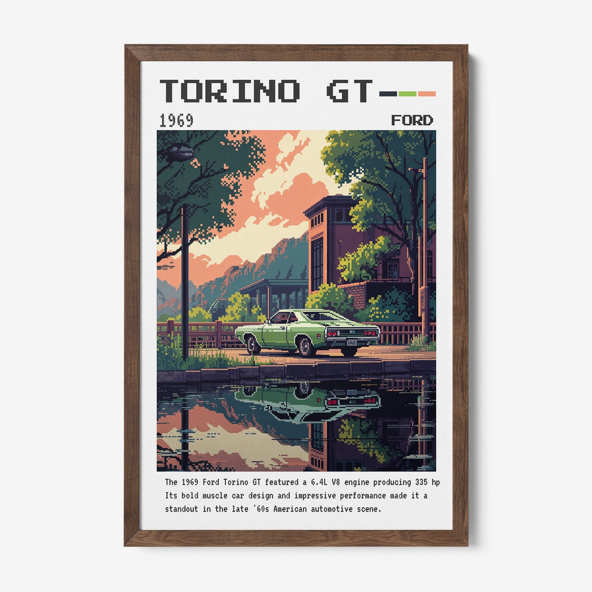 framed wall art featuring a digital illustration of a green Ford Torino GT parked on a tree-lined street with reflections in the water