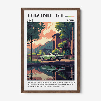 framed wall art featuring a digital illustration of a green Ford Torino GT parked on a tree-lined street with reflections in the water