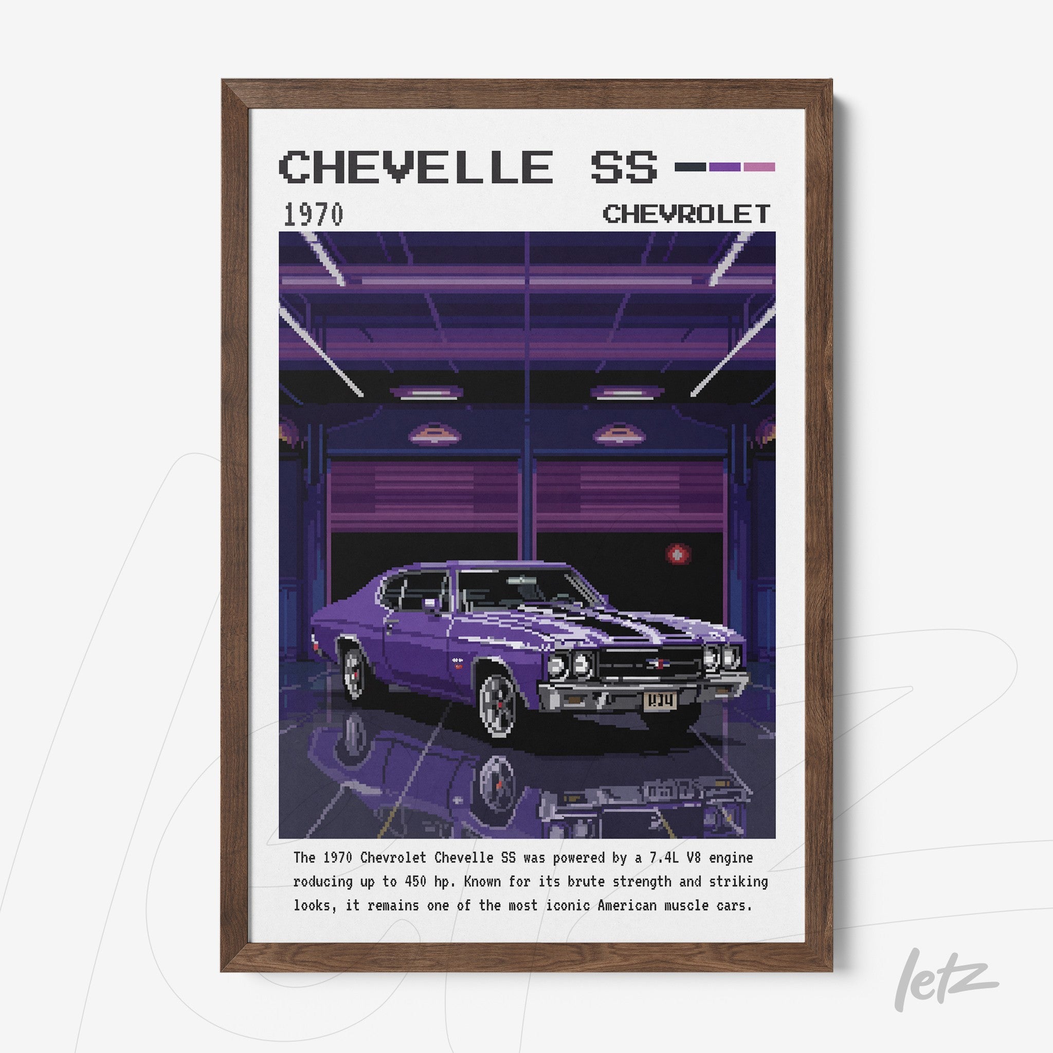 framed retro art of 1970 chevelle ss car in dark wood frame