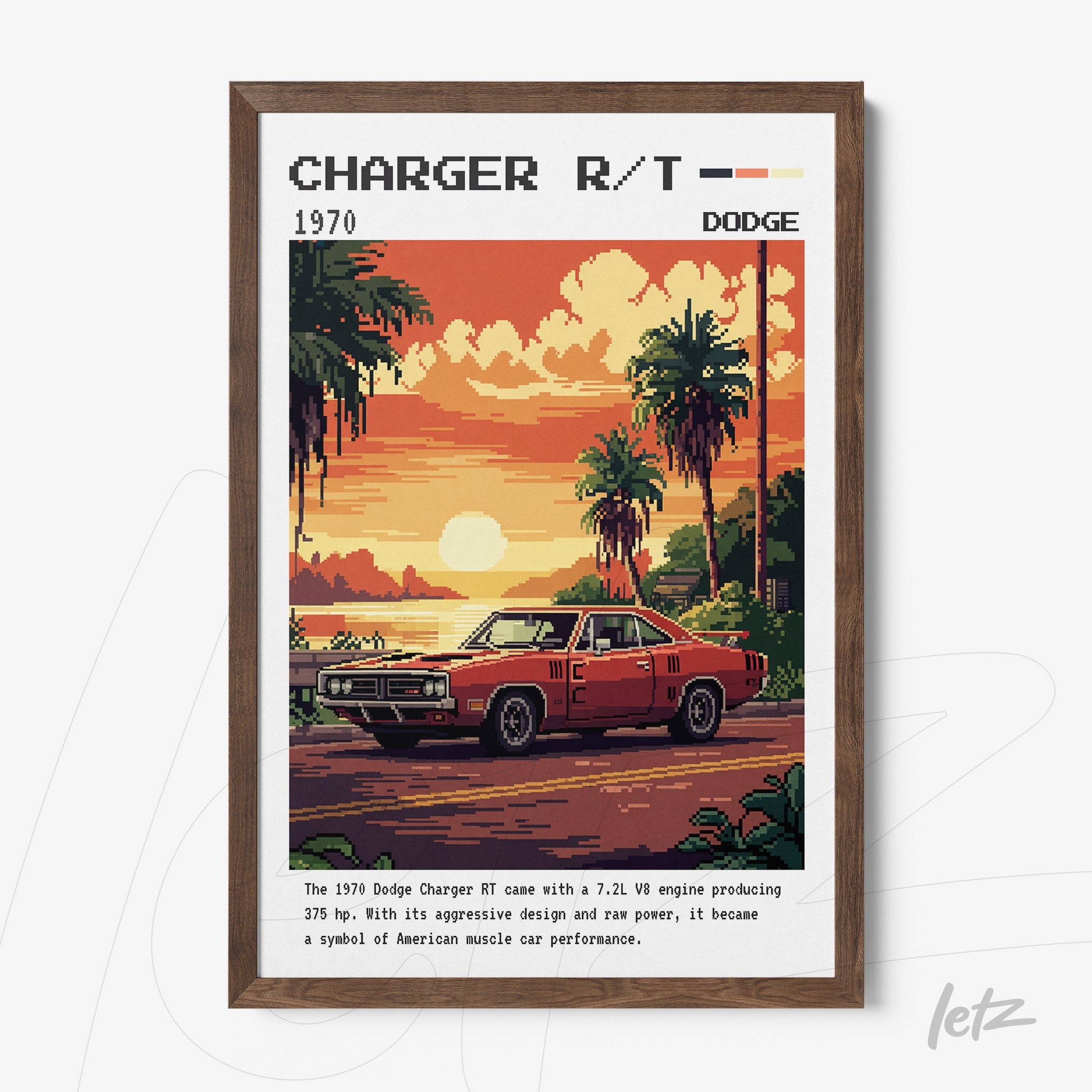 pixel art framed print of a 1970 Dodge Charger R/T with a dark wood frame
