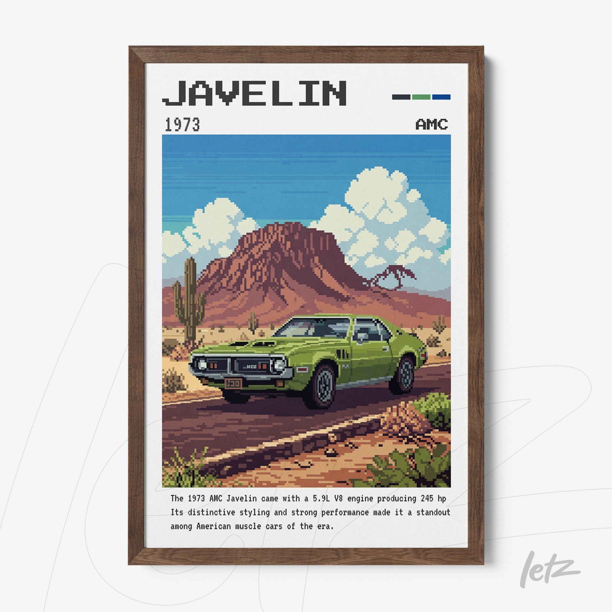 framed pixel art of a green 1973 AMC Javelin in front of a red mountain with a dark wood frame