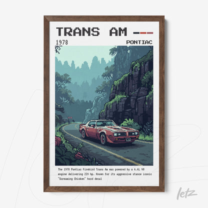 retro wall art featuring a red Pontiac Trans Am on a mountainous road with a dark wood frame