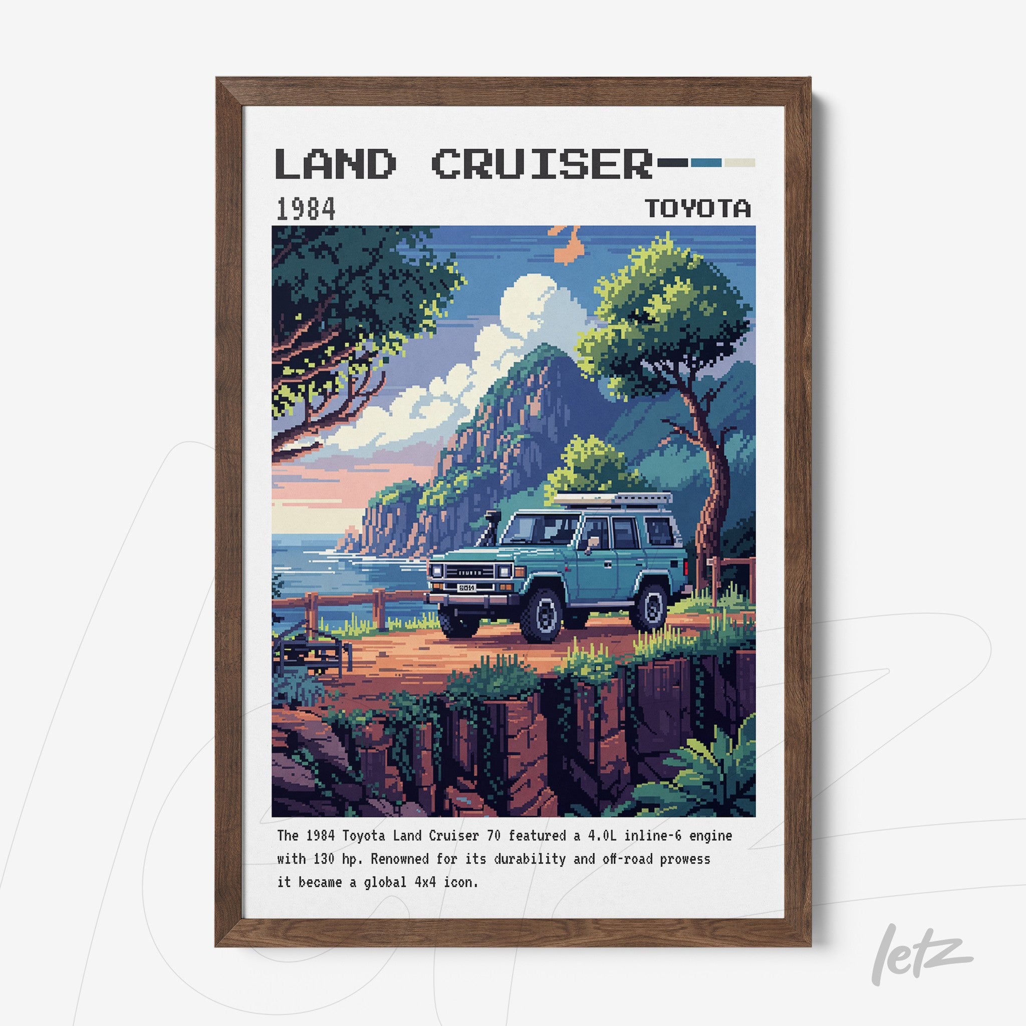 framed pixel art of the 1984 Toyota Land Cruiser in a mountainous landscape