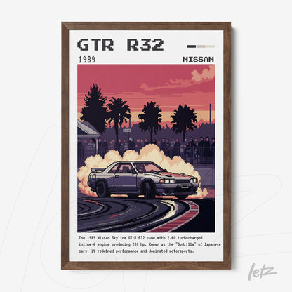 framed pixel art of a Nissan Skyline GTR R32 drifting with smoke, featuring a dark wood frame and a sunset backdrop with palm trees