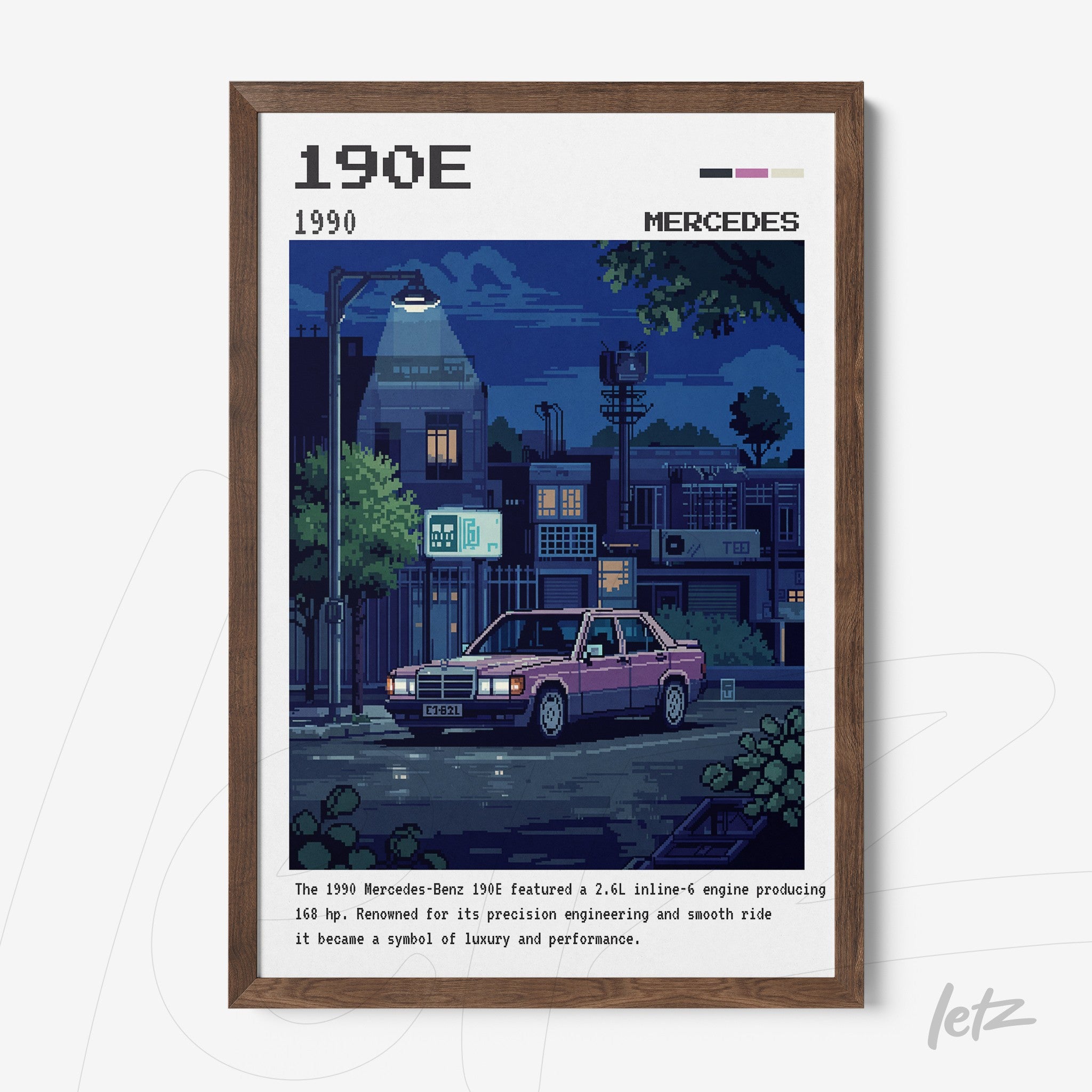 pixel art wall art of a Mercedes-Benz 190E on a nighttime street framed in dark wood