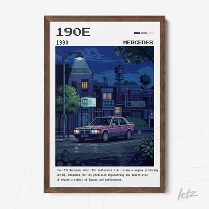 pixel art wall art of a Mercedes-Benz 190E on a nighttime street framed in dark wood