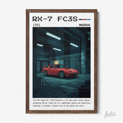 framed digital art of a red Mazda RX-7 FC3S in a garage setting with dark wood frame