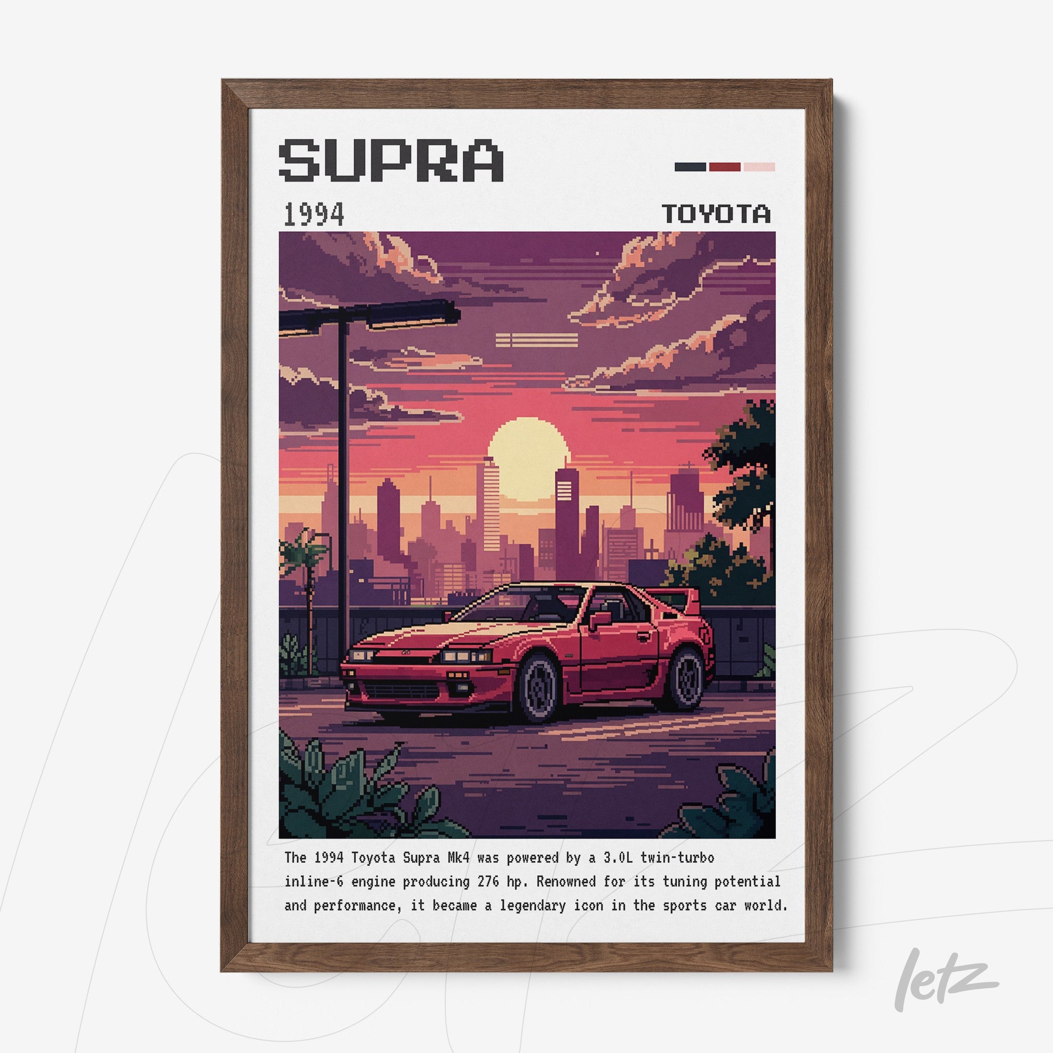 pixel art framed wall decor of a Toyota Supra car under an open sky with sunset in brown frame