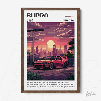 pixel art framed wall decor of a Toyota Supra car under an open sky with sunset in brown frame