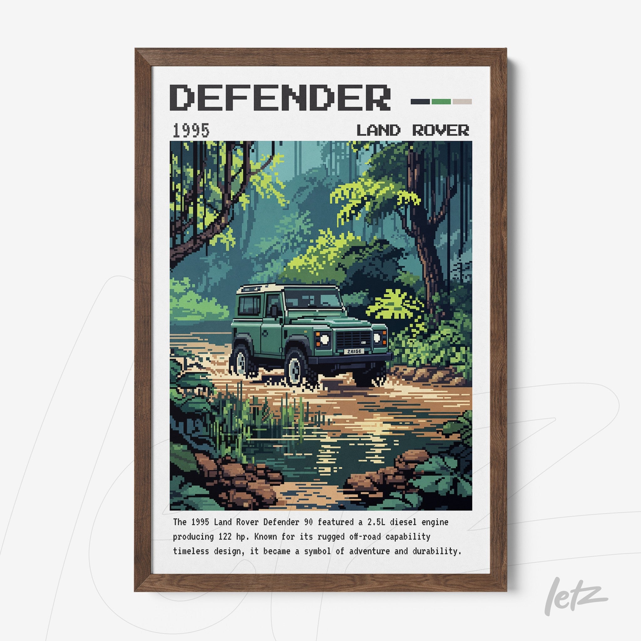 pixel art print of the Land Rover Defender 90 in a dark wooden frame, showcasing a lush green landscape and a river