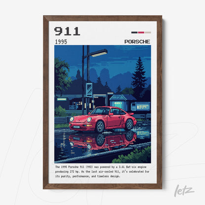 framed digital art of a red Porsche 911 reflecting in a puddle at night with a dark wood frame