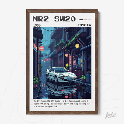 framed digital art of a Toyota MR2 SW20 sports car in a rainy urban setting with dark wooden frame