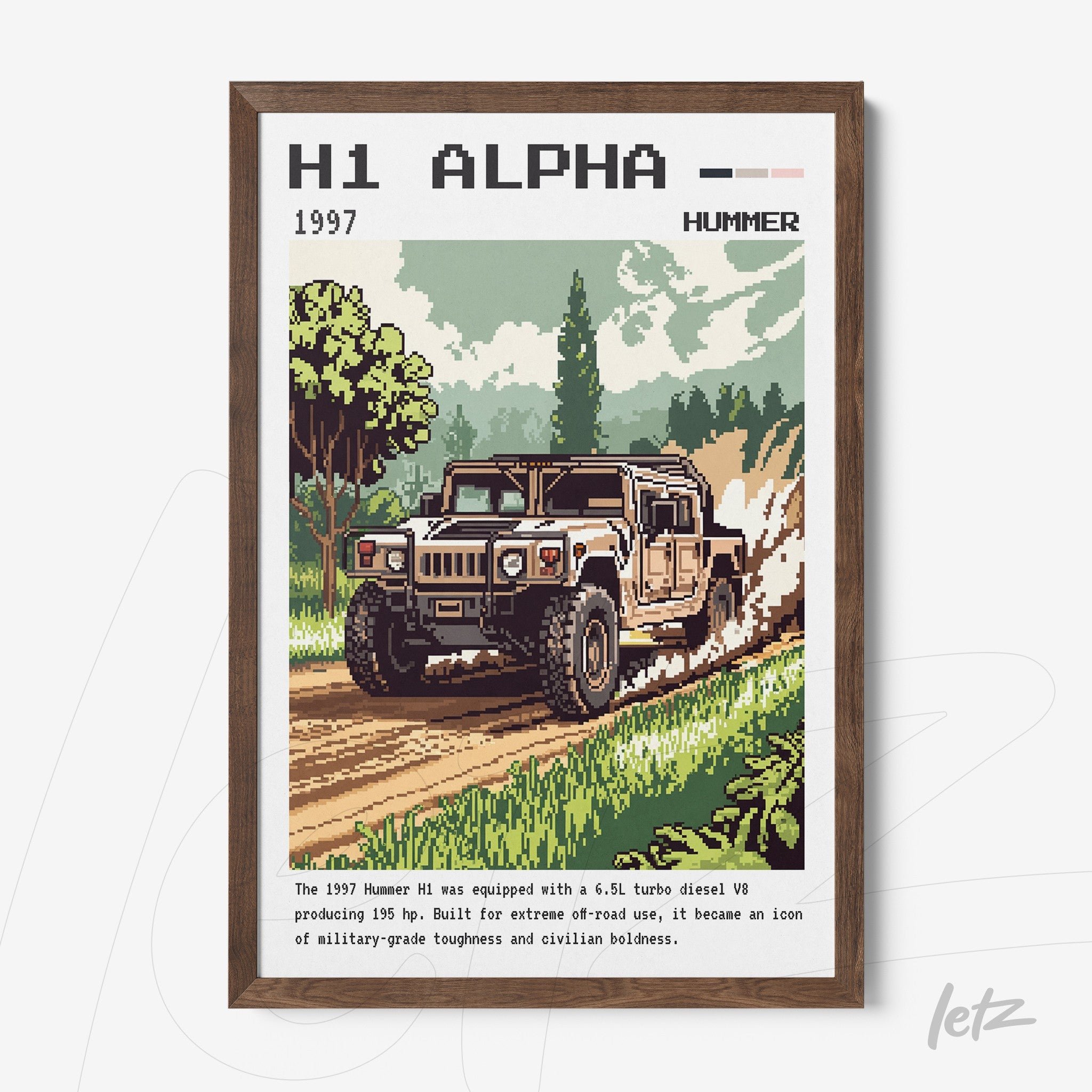 pixel art of a 1997 Hummer H1 on a rural landscape with dark wood frame