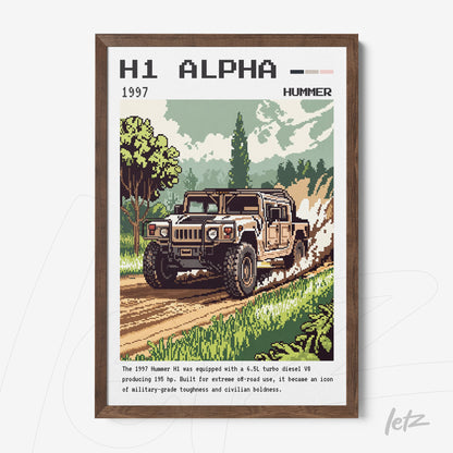 pixel art of a 1997 Hummer H1 on a rural landscape with dark wood frame